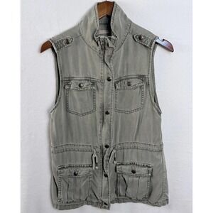 Max Jeans Womens Khaki Vest Pockets Full Zip/Snaps Drawstring Waist Small Tencel